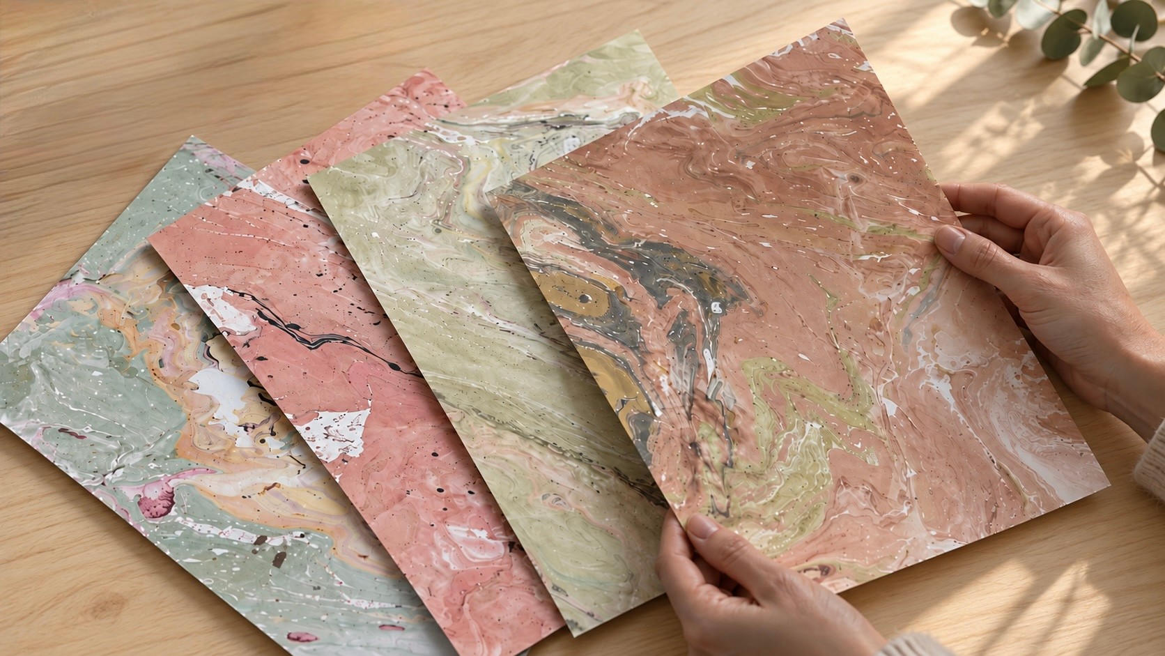 Marbled paper sheets from an Ebru workshop
